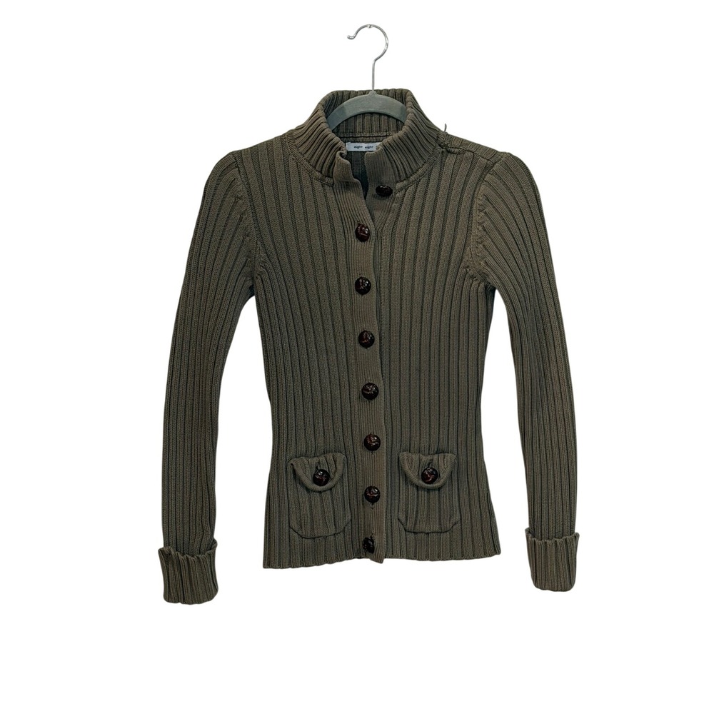 Eight Eight Eight Olive Green Ribbed Knit Mock Neck Cardigan Sweater